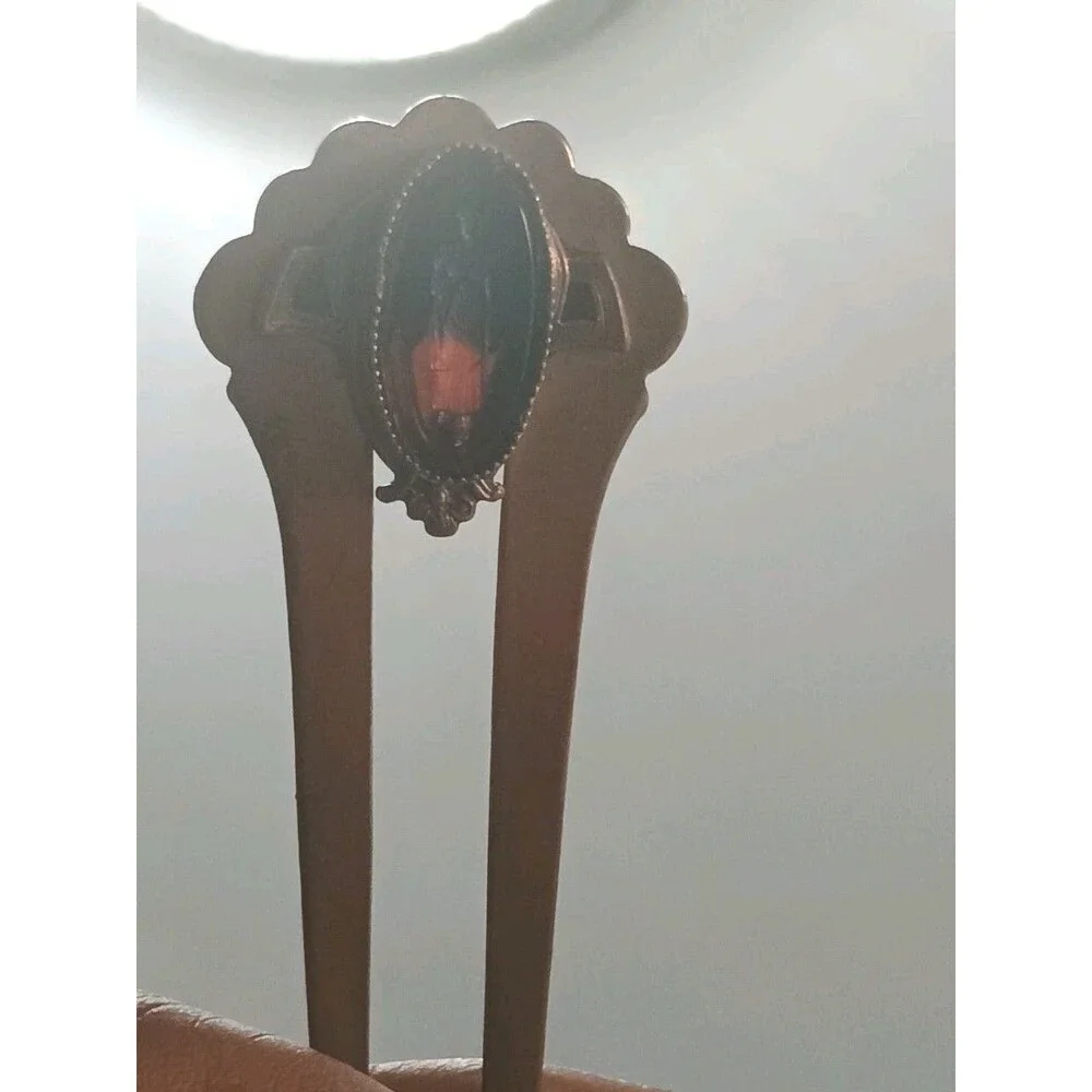 Victorian Edwardian Carnelian Glass Intaglio Gold Tone Antique Hair Pin Fork